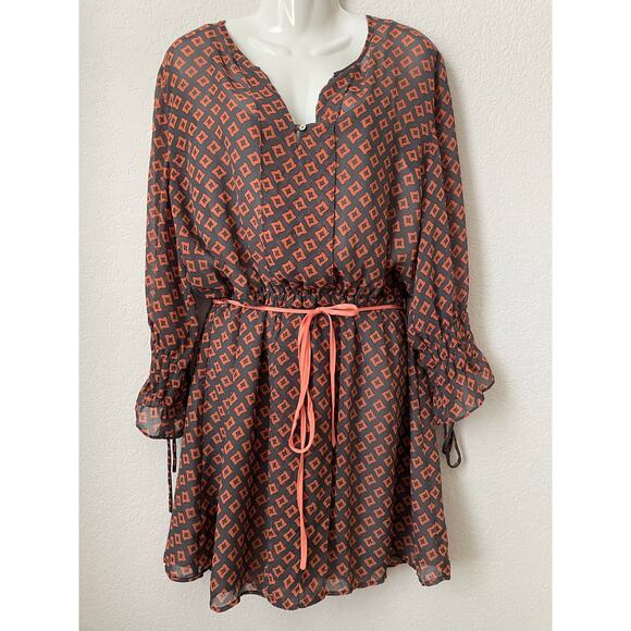 Umgee Women's Dress Orange & Gray Geometric Design Elastic Waist W/ Tie Size LG - Picture 1 of 6
